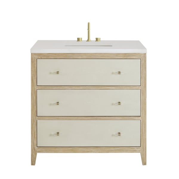 James Martin Vanities 36'' Single Vanity, Sunwashed Oak with Embossed Shagreen w/ 3 CM White Zeus Quartz Top D604-V36-SHG-3WZ - main